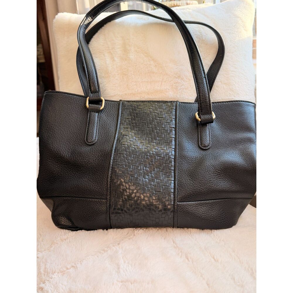 Giani Bernini Black Leather Tote Bag | Woven Panel Shoulder Bag Work Tote Purse